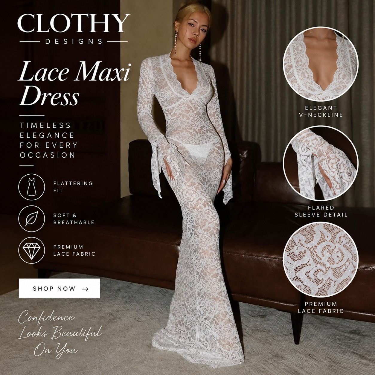 Women's Lace Hollow Out Maxi Dress – Sheer V-Neck Flare Sleeve Elegant Party & Club Dress